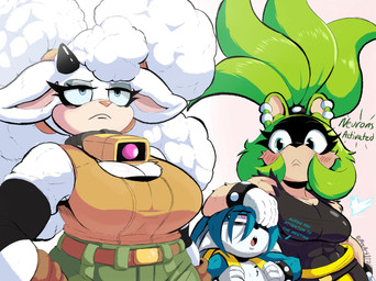 anthro bell bell_collar belt big_breasts blue_eyes blue_sclera breasts cleavage clothed clothing collar female fur group horn male muscular muscular_anthro muscular_female trio wool_(fur) meeart117 idw_publishing sega sonic_the_hedgehog_(comics) sonic_the_hedgehog_(idw) sonic_the_hedgehog_(series) kitsunami_the_fennec lanolin_the_sheep_(sonic) surge_the_tenrec afrosoricid bovid canid canine caprine fennec_fox fox mammal sheep tenrec true_fox hi_res