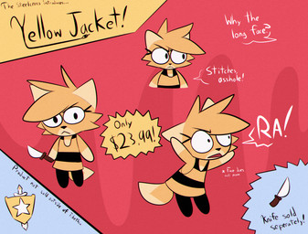 chibi clothed clothing female knife plushie solo text toy mrdegradation flora_flowerpot yellow_jacket_(mrdegradation) canid canine fox mammal english_text hi_res model_sheet