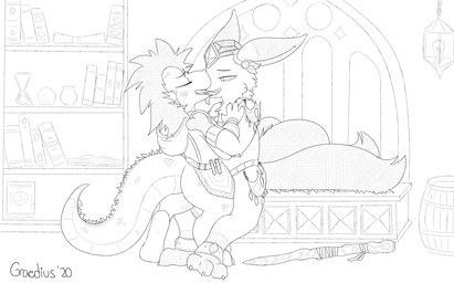 anthro armor clothing duo female gem kissing licking_tongue magic magic_user male male/female markings multi_tail potion_bottle robe ruby_(gem) scale_markings scales shortstack staff summoner tail unconvincing_armor graedius_(artist) mythology carbuncle_(graedius) zullie_(graedius) lizard mythological_carbuncle mythological_creature reptile scalie monochrome sketch