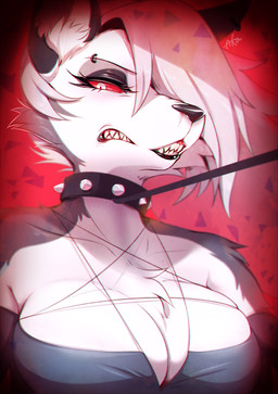 anthro big_breasts black_lips black_nose breasts clothed clothing collar eyelashes female fur grey_body grey_fur hair leash lips looking_at_viewer occult_symbol pentagram piercing red_sclera sharp_teeth solo spiked_collar spikes symbol teeth white_body white_eyes white_fur white_hair missaka hellaverse helluva_boss mythology loona_(helluva_boss) canid canid_demon canine demon hellhound mammal mythological_canine mythological_creature 2019 digital_media_(artwork) hi_res signature