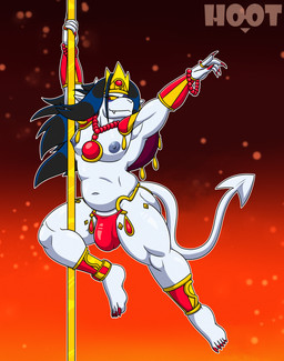 anthro bulge clothed clothing crown dancing detailed_bulge hair headgear horn jewelry long_hair long_nails looking_at_viewer male necklace nipples pole pole_dancing ring simple_background smile solo stripper_pole tail twunk dg254 paimon_(kings_of_hell) demon mammal absurd_res digital_media_(artwork) hi_res
