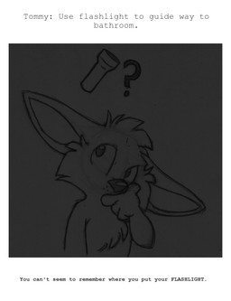 anthro clothed clothing dark flashlight front_view male question_mark solo text thinking thoughtful_expression topless young young_anthro young_male mizzyam lagomorph leporid mammal rabbit absurd_res bust_portrait english_text graphite_(artwork) greyscale hi_res monochrome portrait traditional_media_(artwork)
