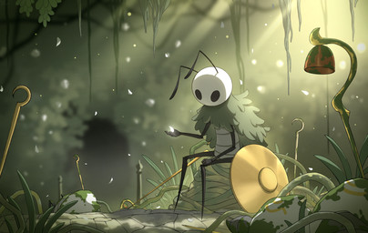 ambiguous_gender antennae_(anatomy) anthro biped black_eyes detailed_background empty_eyes fingers light melee_weapon moss outside petals plant rock shield sitting solo sunlight weapon hsyenemy hollow_knight:_silksong hollow_knight_(franchise) team_cherry seth_(hollow_knight:_silksong) arthropod hi_res male_(lore)