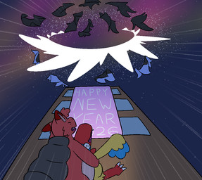 aurora_(phenomenon) banner belly big_belly bursting cheering fur huge_belly hyper hyper_belly hyper_inflation inflation night popping red_body red_fur yellow_body yellow_fur bloatable neopets new_year_2026 nintendo pokemon boris_(bloatable) miles_(bloatable) small_(bloatable) archen bori_(neopets) fossil_pokemon generation_3_pokemon generation_5_pokemon neopet_(species) pokemon_(species) poochyena