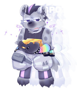 anthro barefoot black_hair bottomwear claws clothing ear_piercing eyebrow_piercing facial_piercing feet grey_body hair holding_object looking_at_viewer male markings pants piercing sleeveless_shirt solo spots spotted_body teeth gaddiel55565069 arknights hypergryph studio_montagne spot_(arknights) hyena mammal spotted_hyena absurd_res hi_res