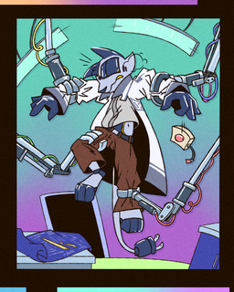 ambiguous_gender anthro blush clothed clothing coat forced lab_coat machine robotic_arm scientist simple_background solo topwear cammohu android robot robot_anthro 4:5 hi_res
