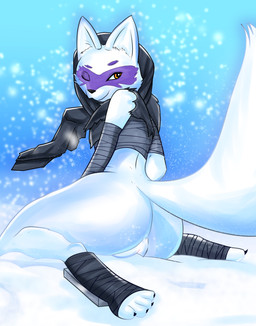 anthro anus bandage big_butt biped bottomless butt chest_wraps clothed clothing facial_markings female fur genitals head_markings hood kneeling looking_at_viewer looking_back markings ninja one_eye_closed orange_eyes outside purple_body purple_fur rear_view smile snow solo thick_thighs vulva warrior white_body white_fur wink wraps damn_lasso_tool teenage_mutant_ninja_turtles alopex arctic_fox canid canine fox mammal true_fox 2015