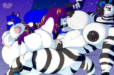 anthro belly belly_grab big_belly big_breasts big_penis black_body black_fur black_nipples black_penis blue_hair bodily_fluids breasts cum cum_inflated_belly cum_inflation cum_inside duo fur genital_fluids genitals hair huge_belly huge_breasts huge_penis inflation intersex intersex/intersex leg_grab long_hair looking_at_another looking_at_partner looking_pleasured markings mohawk nipple_piercing nipples nude penis piercing pink_nipples purple_body purple_fur sex size_difference striped_body striped_fur striped_markings stripes thick_thighs vein veiny_penis white_body white_fur yellow_body yellow_fur nuhichpukich canid canine equid equine mammal zebra 2025 cel_shading colored digital_drawing_(artwork) digital_media_(artwork) hi_res shaded