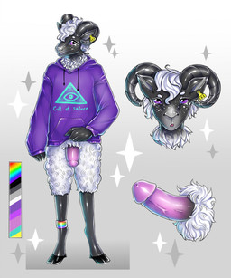 anthro black_body bottomless clothed clothing ear_piercing ear_tag erection flaccid fur genitals hoodie horn humanoid_genitalia humanoid_penis lgbt_pride male no_underwear penis piercing pride_colors purple_eyes rainbow_pride_colors solo topwear white_body white_fur wool_(fur) matokiro bovid caprine mammal sheep 2021 digital_drawing_(artwork) digital_media_(artwork) hi_res model_sheet
