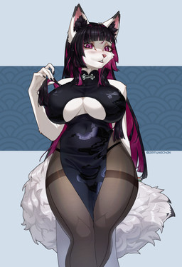 anthro asian_clothing bangs bare_shoulders big_breasts big_tail black_clothing black_dress black_ear_tips black_fingernails black_hair black_inner_ear_fluff black_nails black_panties black_tail_tip black_underwear blunt_bangs blush breasts cheek_tuft chinese_clothing chinese_dress cleavage_cutout clothing colored_inner_hair colored_nails curvy_figure cutout dipstick_ears dipstick_tail dress ear_markings east_asian_clothing eyeliner facial_tuft female female_anthro fingernails fluffy fluffy_tail front_view fur glistening glistening_eyes hair hand_behind_back highleg highleg_panties highleg_underwear hime_cut holding_hair hourglass_figure huge_breasts inner_ear_fluff legwear long_fingernails long_hair looking_at_viewer low-angle_view makeup markings multicolored_ears multicolored_hair nails navel_outline panties pantyhose parted_lips pattern_background pelvic_curtain purple_eyes purple_hair raised_hand simple_background small_waist solo standing straight_hair tail tail_markings text thick_thighs thong tight_clothing touching_hair tuft two_tone_ears two_tone_hair under_boob underwear white_body white_ears white_fur white_tail wide_hips zeminachan baiyu_(zeminachan) canid canine fox mammal 2026 absurd_res artist_name colored digital_drawing_(artwork) digital_media_(artwork) hi_res portrait shaded signature three-quarter_portrait