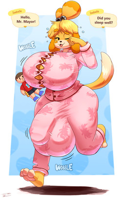 anthro big_breasts big_bulge breasts bulge clothing detailed_bulge genital_outline genitals gynomorph huge_breasts huge_bulge huge_thighs hyper hyper_breasts hyper_bulge intersex looking_at_viewer onomatopoeia pajamas penis_outline solo sound_effects speech_bubble talking_to_viewer text thick_thighs wobbling tohilewd animal_crossing nintendo isabelle_(animal_crossing) canid canine canis domestic_dog mammal absurd_res english_text hi_res