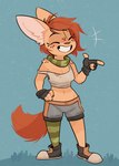 anthro big_ears blue_background bottomwear breasts clothed clothing eyes_closed female fingerless_gloves footwear fully_clothed fur gloves grin hair handwear midriff shoes shorts simple_background smile tan_body tan_fur rexyseven rusty_gears canid canine fennec_fox fox mammal true_fox 2024 hi_res