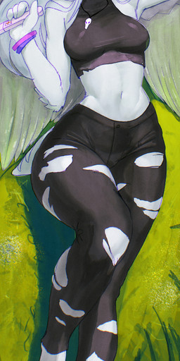 anthro black_clothing bottomwear bracelet breasts choker clothed clothing crop_top eyeshadow feathered_wings feathers female grass hair jewelry looking_at_viewer lying makeup midriff navel necklace no_bra on_back on_grass on_ground pants plant pose pregnancy_test scales shirt solo tank_top tight_bottomwear tight_clothing tight_pants topwear white_body white_feathers white_hair white_scales wings alipse cavemanon_studios goodbye_volcano_high ko_op_(game_developer) snoot_game fang_(gvh) prehistoric_species pterosaur reptile scalie hi_res