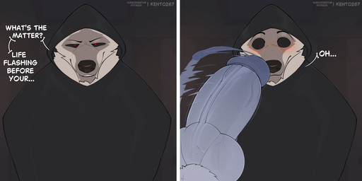 animal_genitalia anthro big_penis black_clothing black_sclera blue_penis bodily_fluids cloak clothed clothing dialogue duo facial_markings front_view fur fuzzy genitals glans glistening glistening_genitalia glistening_penis grey_background grey_body grey_fur head_markings hood hood_up hooded_cloak humanoid_genitalia humanoid_penis hybrid_genitalia hybrid_penis knot knotted_humanoid_penis knotted_penis looking_at_genitalia looking_at_penis looking_at_viewer male male/male markings mask_(marking) mostly_offscreen_character mostly_offscreen_male motion_lines narrowed_eyes offscreen_character offscreen_male penis poncho red_eyes sheath simple_background smile smirk solo_focus standing surprised sweat teeth text vein wide_eyed kento267 dreamworks mythology puss_in_boots_(franchise) death_(puss_in_boots) smokey_(skemboldt) canid canine canis dragon mammal mythological_creature mythological_scalie scalie wolf absurd_res hi_res