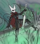 anthro black_body breasts cape clothing exoskeleton female genitals horn mostly_nude pussy solo spread_legs spreading weapon white_head ksatti hollow_knight team_cherry hornet_(hollow_knight) arthropod hi_res