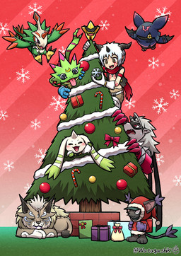 anthro black_body black_fur brown_body brown_fur christmas_tree clothing costume feathers female feral fur green_body green_feathers grey_body grey_fur group holidays long_ears male mask plant santa_costume sleeping smile tree white_body white_fur wings watagashikn bandai_namco christmas digimon aegiomon blackgatomon_uver. chiropmon cougarmon digimon_(species) gekkomon humanoid pteromon terriermon terriermon_assistant wolvermon absurd_res hi_res