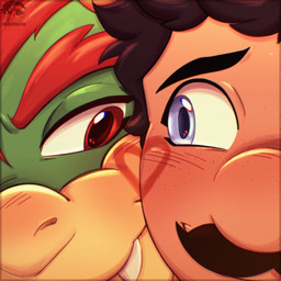 anthro black_eyebrows black_facial_hair black_mustache blue_eyes blush blush_lines bodypaint cheek_to_cheek close-up closed_smile duo eyebrows face_paint facial_hair fangs front_view green_body hair happy king lidded_eyes light logo looking_at_another looking_at_partner male male/male mouth_closed mustache pupils red_eyebrows red_eyes red_hair red_pupils royalty smile smiling_at_another smiling_at_each_other tan_body tan_skin teeth thick_eyebrows feeniroir mario_bros nintendo bowser luigi human koopa mammal scalie 1:1 2025 artist_logo colored dialogue_in_description digital_drawing_(artwork) digital_media_(artwork) english_description hi_res lighting shaded