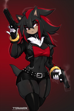 alternative_fashion annoyed anthro black_body black_fur chest_tuft clothed clothing collar crossgender dual_wielding eyeshadow female fur garter_straps gradient_background gun holding_gun holding_object holding_ranged_weapon holding_weapon jacket leather leather_clothing leather_jacket leather_topwear legwear looking_at_viewer makeup mtf_crossgender navel punk ranged_weapon simple_background sketchy skimpy solo thick_thighs thigh_highs topwear tuft weapon conditional_dnp teranen sega sonic_the_hedgehog_(series) shadow_the_hedgehog eulipotyphlan hedgehog mammal 2024 guide_lines hi_res