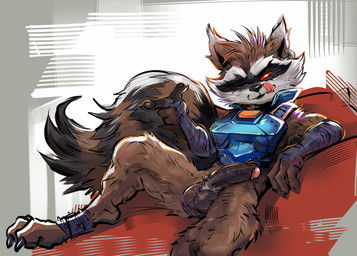 anthro armor balls bottomless brown_body brown_fur brown_penis brown_skin claws clothed clothing dark_body dark_penis dark_skin ear_piercing fluffy fur genitals glans humanoid_genitalia humanoid_penis licking licking_lips light_body light_skin looking_at_viewer lying male multicolored_penis on_back one_eye_closed penis piercing pink_glans pink_penis red_eyes solo tail tongue tongue_out two_tone_penis darkluxia guardians_of_the_galaxy marvel marvel_rivals rocket_raccoon mammal procyonid raccoon 2025 hi_res