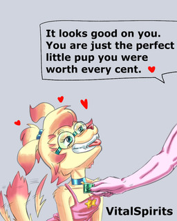 admiring age_difference collar eyewear faceless_character faceless_male female glasses happy lore male offscreen_male slave tail tail_motion tailwag text young young_female vitalspirits ace_goldspice chocee_lumbrig canid canine canis domestic_dog mammal scalie 4:5 english_text