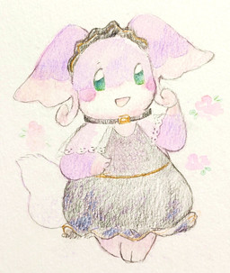 ambiguous_gender anthro barefoot big_ears biped choker clothing dress feet flower green_eyes jewelry lace maid_headdress necklace pink_body pink_cheeks pink_flower plant simple_background smile solo standing tail white_tail sakanaribbon nintendo pokemon audino generation_5_pokemon pokemon_(species) hi_res traditional_media_(artwork)