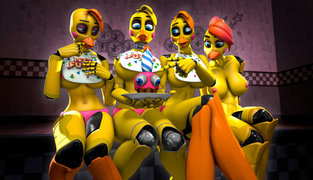abs anthro areola beak bib big_breasts blonde_hair blue_eyes breasts clothing crossed_legs dildo eyebrows female finger_in_mouth gesture glistening glistening_body group hair hand_gesture holding_object holding_plate inside looking_at_another machine navel nipples non-mammal_breasts non-mammal_navel non-mammal_nipples open_mouth open_smile orange_hair panties pink_clothing pink_panties pink_underwear plate pointing purple_eyelids raised_eyebrow red_areola red_hair red_nipples sex_toy short_hair sitting smile smiling_at_another square_crossover striped_dildo striped_sex_toy underwear wide_hips yellow_body yellow_nipples zelyonka disembowell_(modeler) psychojohn2_(modeler) red-eye_(modeler) five_nights_at_freddy's five_nights_at_freddy's_2 scottgames cupcake_(fnaf) toy_chica_(fnaf) animatronic avian bird chicken galliform phasianid robot robot_anthro 2026 3d_(artwork) absurd_res digital_media_(artwork) hi_res source_filmmaker_(artwork)