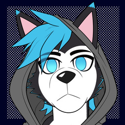 anthro black_body black_fur blue_eyes blue_hair clothing frown fur hair hoodie male moody pink_ears self_portrait solo topwear white_body white_fur footfoxxy loki_(itzloki) canid canine canis domestic_dog husky mammal nordic_sled_dog spitz 1:1 headshot_portrait hi_res icon portrait