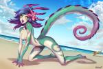 accessory all_fours beach blue_hair breasts cloud detailed_background duo female flower flower_in_hair hair hair_accessory lips long_tail markings nipples nude open_mouth plant seaside sky small_breasts smile solo_focus tail water yellow_eyes velvetqueenh league_of_legends riot_games tencent neeko_(lol) nidalee_(lol) animal_humanoid cougar felid feline humanoid lizard_humanoid mammal reptile reptile_humanoid scalie scalie_humanoid 3:2 hi_res