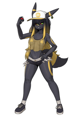 anthro baseball_cap bikini black_bottomwear black_clothing black_footwear black_hair black_nose black_shoes black_shorts blonde_hair bottomwear breasts clothed clothing dipstick_hair ear_piercing female footwear front_view fur green_eyes grey_body grey_fur hair hand_on_hip hat headgear headwear holding_object holding_pokeball long_hair looking_at_viewer markings navel piercing pokeball red_sclera shoes shorts simple_background solo swimwear thick_thighs thong_straps topwear translucent translucent_clothing translucent_topwear two-piece_swimsuit white_background wide_hips yellow_bikini yellow_clothing yellow_markings yellow_swimwear yellow_topwear plantpenetrator nintendo pokemon eeveelution generation_2_pokemon pokemon_(species) umbreon 2:3 absurd_res hi_res