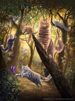ambiguous_gender black_body black_fur brown_body brown_fur detailed_background feral forest fur grass grey_body grey_fur group in_tree jumping leaf outside plant sitting standing tail tree tree_stump whiskers alayna_danner hasbro magic:_the_gathering wizards_of_the_coast arthropod butterfly domestic_cat felid feline felis insect lepidopteran mammal 2024 absurd_res digital_media_(artwork) hi_res official_art