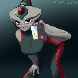 anthro bent_over big_breasts black_eyes bodysuit breasts clothing eyelashes female forehead_gem front_view fur gem green_bodysuit green_clothing green_skinsuit grey_body grey_fur holding_object looking_at_viewer red_bodysuit red_clothing red_skinsuit skinsuit smile solo thick_thighs tight_clothing wide_hips tuskofjaguar nine_sols red_candle_games eigong_(nine_sols) felid feline mammal solarian 1:1 absurd_res hi_res