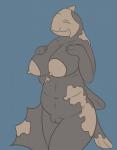 anthro anthrofied belly big_breasts biped breasts brown_body brown_skin coelacanth erect_nipples eyes_closed female fin fish fondling generation_3_pokemon genitals grey_body grey_skin hand_on_breast hi_res holding_breast huge_breasts lobe-finned_fish marine navel nintendo nipples non-mammal_breasts non-mammal_nipples nude pokemon pokemon_(species) posexe pussy relicanth scales self_fondle simple_background slightly_chubby smile solo standing