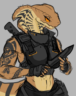 abs anthro athletic athletic_female biped black_eyes breasts clothed clothing female fingerless_gloves forked_tongue gloves handwear holding_object holding_weapon knife looking_at_viewer melee_weapon midriff muscular muscular_anthro muscular_female non-mammal_breasts orange_sclera scales simple_background snake_hood solo tan_body tan_scales tattoo tongue tongue_out weapon im51nn5 cobra_girl_(im51nn5) cobra reptile scalie snake