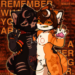 anthro black_body black_fur black_sclera breasts chained_together duo featureless_breasts female female/female fur genital_piercing genitals heart_symbol labia_piercing leg_scar markings neck_scar orange_body orange_eyes orange_fur orange_markings orange_pawpads pawpads piercing pink_pawpads red_markings scar skeleton_(marking) skull_(marking) slightly_chubby star_pawpads star_symbol teeth text_in_background thigh_scar vulva vulva_piercing white_markings yellow_sclera yellow_teeth snuff_b8 alfie_(snuff_b8) snuff_(snuff_b8) domestic_cat felid feline felis mammal 1:1 nonbinary_(lore) trans_(lore) trans_man_(lore)
