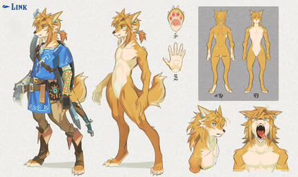 alternate_species anthro blonde_hair bow_(weapon) clothing digitigrade ear_piercing ear_ring featureless_crotch hair male melee_weapon nude open_mouth piercing ponytail ranged_weapon ring_piercing shirt simple_background solo sword topwear tunic weapon white_background uzucake breath_of_the_wild nintendo the_legend_of_zelda link canid canine fox mammal model_sheet