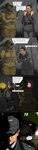 black_body clothing dialogue duo female gas_mask male mask military_uniform shadow text uniform world_war_2 johnn_lima pyeong-gon_(johnn_lima) canid canine canis human mammal wolf absurd_res english_text hi_res long_image tall_image