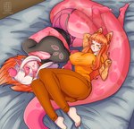 anthro arm_fur big_breasts big_tail breasts butt cleavage clothed clothing cuddling duo eyes_closed feet female fuzzy_ears hair head_on_tail horn huge_breasts ponytail sleeping sleeping_together tail thick_thighs wakko_(artist) mythology lychee_gumi pfersich_von_schuster animal_humanoid canid canine dragon fox humanoid mammal mythological_creature mythological_scalie scalie hi_res