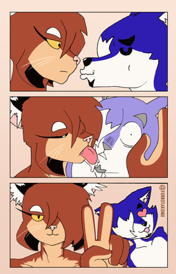 anthro arm_tuft bangs beard big_ears big_hands blue_body blue_fur blue_hair bobtail bodily_fluids cheek_tuft chest_tuft duo ear_tuft eyebrows face_lick facial_hair facial_tuft female fur gesture hair hand_gesture heart_eyes heart_symbol humor inner_ear_fluff kissing licking lips male male/female markings multicolored_body multicolored_fur nude one_eye_obstructed pupils short_hair short_tail shoulder_tuft simple_background slit_pupils swooning tail thick_eyebrows tongue tuft v_sign whiskers yellow_sclera efradraws northwind_(efradraws) uspul_(efradraws) yamane_(efradraws) canid canine canis felid feline lynx mammal wolf absurd_res comic digital_drawing_(artwork) digital_media_(artwork) hi_res