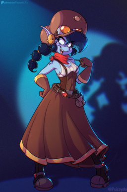 belt belt_pouch blue_body blue_eyes blue_hair blue_skin boots bottomwear breasts clothing corset eyewear eyewear_on_head female footwear freckled_face freckled_shoulders freckles gloves goggles goggles_on_head hair handwear hat headgear headwear lingerie long_hair long_skirt looking_aside newsboy_cap open_mouth pointy_ears round_nose scarf shirt shoes skirt small_breasts solo tank_top tied_hair topwear utility_belt psicoyote vesta_(psicoyote) alien full-length_portrait hi_res portrait