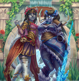 anthro black_hair black_nose blue_clothing blue_eyes brown_eyes clothed clothing duo female flower front_view fully_clothed glistening glistening_eyes grass grey_body hair holding_melee_weapon holding_object holding_polearm holding_spear holding_weapon leaf looking_at_viewer melee_weapon overweight overweight_anthro overweight_female plant polearm purple_clothing red_clothing red_flower smile spear standing teeth text three-quarter_view wall_(structure) weapon admiralobster muffin_(wuvmuffinz) persephone_(demonagogue) bear domestic_cat felid feline felis giant_panda mammal artist_name hi_res