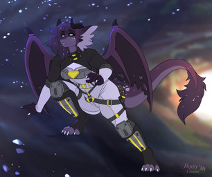 anthro black_horn claws clothed clothing cosmic_background female glistening glistening_eyes horn membrane_(anatomy) membranous_wings pupils purple_body purple_wings slit_pupils solo space space_background tail tail_tuft torn_wing tuft white_claws white_eyes wings tiggybloom mythology dragon mythological_creature mythological_scalie scalie 2024 dated hi_res