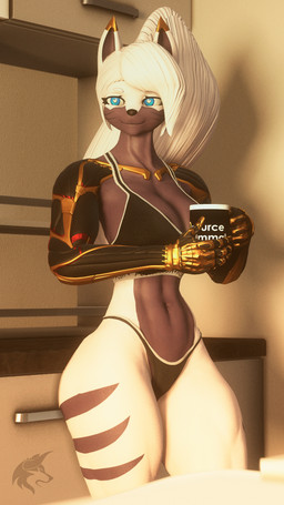anthro big_breasts big_butt blue_eyes breasts butt clothing coffee_cup container cup cybernetic_arm cybernetic_limb female hair kitchen machine morning muscular muscular_female ponytail smile solo underwear white_hair ludexus bluejuicyjuice_(modeler) ludexus_(modeler) fan_character nirvana_(ludexus) nirvana_(wolfgal_w_horns) android robot 3d_(artwork) 4k 9:16 absurd_res digital_media_(artwork) hi_res source_filmmaker_(artwork)