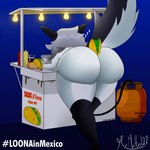 anthro big_butt butt clothing female food fur grey_hair hair huge_butt ketchup legwear light_bulb mustard propane_tank sleeping solo sound_effects taco text vowelless vowelless_sound_effect white_body white_fur zzz mrmelted helluva_boss loona_in_mexico mythology loona_(helluva_boss) canid canid_demon canine demon hellhound mammal mythological_canine mythological_creature 1:1 2022 absurd_res hi_res