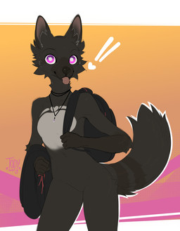 5_fingers anthro backpack biped black_body black_fur black_tail breasts featureless_breasts featureless_crotch female fingers front_view fur jewelry looking_at_viewer necklace nude nude_anthro nude_female purple_eyes small_breasts smile solo standing tail tongue tongue_out togaed canid canine mammal 2025 absurd_res digital_drawing_(artwork) digital_media_(artwork) hi_res