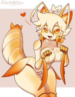 4_fingers ahoge antennae_(anatomy) anthro arthropod_abdomen big_breasts breasts cerci_(anatomy) eyebrows eyelashes female female_anthro fingers geometric_background hair heart_symbol looking_at_viewer non-mammal_breasts open_mouth open_smile orange_eyes short_hair simple_background smile solo thick_thighs jasminthemanticore jasmin_(jasminthemanticore) arthropod insect mantis 2025 digital_media_(artwork) hi_res