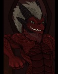 anthro biceps big_muscles biped clothed clothing green_eyes grin hair horn male membrane_(anatomy) membranous_wings muscular muscular_anthro muscular_male red_body red_scales scales simple_background smile solo spikes standing topless volcanish wings frostedmilkshake furrycandyshop mythology dragon mythological_creature mythological_scalie scalie