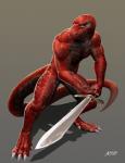 anthro blue_eyes claws grey_background looking_at_viewer male melee_weapon muscular muscular_anthro muscular_male nude red_body red_scales scales simple_background solo sword weapon amon-sydonai yagaru komodo_dragon lizard monitor_lizard reptile scalie 2018 hi_res