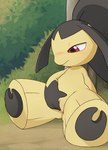 against_surface blush day female fingering generation_3_pokemon genitals half-closed_eyes hi_res humanoid mawaifu mawile narrowed_eyes nintendo outside pokemon pokemon_(species) pussy sitting solo vaginal vaginal_fingering yellow_body