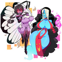 accessory antennae_(anatomy) anthro belly_cutout big_breasts black_hair blue_body breasts cigarette cigarette_holder clothed clothing cutout dress duo eye_through_hair eyewear fangs featureless_breasts female floating flying glasses glistening glistening_body glistening_hair gloves green_eyes hair hair_accessory hair_over_eye hair_ribbon hand_on_hip handwear legwear long_hair looking_at_viewer multicolored_hair navel nipples non-mammal_breasts one_eye_obstructed open_mouth purple_body red_clothing red_dress red_eyes red_eyewear red_glasses red_gloves red_handwear ribbons round_glasses short_hair simple_background smile teeth thick_thighs thigh_highs translucent translucent_hair white_background white_hair white_ribbon wide_hips wings chelo arthropod butterfly ghost humanoid insect lepidopteran spirit 1:1 absurd_res full-length_portrait hi_res portrait