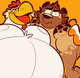 :s anthro beak belly big_belly bodily_fluids brown_body brown_fur duo embarrassed floating_eyebrows fur male monotone_background muscular natural_colors nervous nipples open_mouth orange_background overweight overweight_anthro overweight_male side_hug simple_background sweat sweatdrop thick_outline toony weight_difference white_body wizzdono coco_(wizzdono) henry_(wizzdono) avian bird chicken galliform hyena mammal phasianid 2024